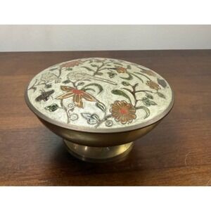 Vintage Brass Pedestal Bowl Cloisonne Enamel Bird Butterfly Floral Lidded Dish